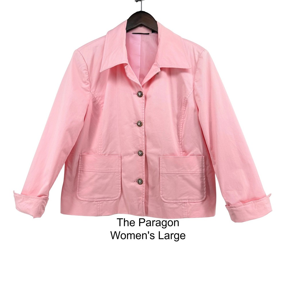 The Paragon Womens Large Pink Cotton Blend Rhinestone Button Up Jacket Blazer